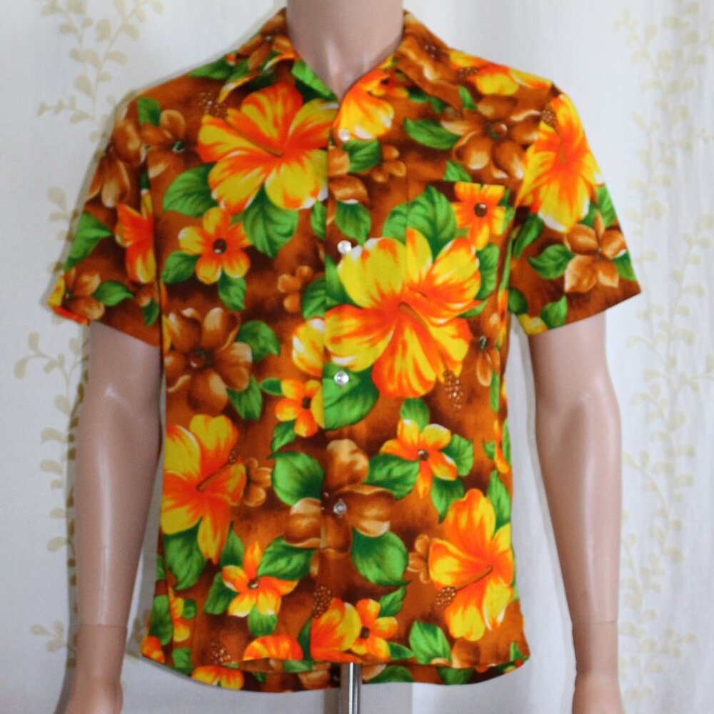 Vintage Rare POMARE Hawaiian Barkcloth Floral Button Down Shirt Men's M